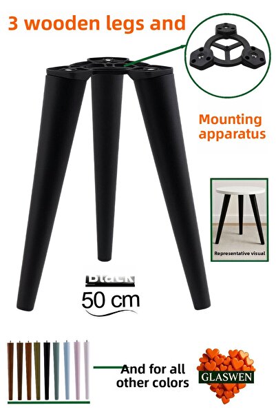 GLASWEN 3 bucăți picioare din lemn 50 cm negru cu șuruburi M8 și accesorii de conectare pentru mobilă, scaun, masă de cafea, picior de susținere a mesei