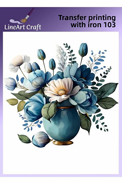 LİNEART طباعة نقل بالحديد على شكل زهرة زرقاء ونقل القماش رقم: KMŞ103-18x20cm