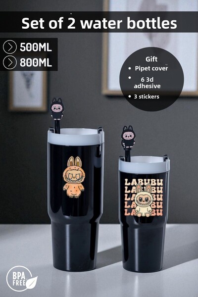 Nandy Home Labubu Themed Set of 2 Colorful Water Bottles, 500ml. And 800ml. - Pipette Cover, 3D Sticky and Label Gift
