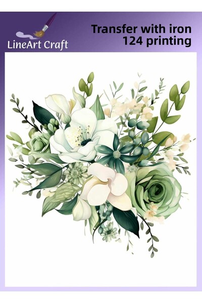 LİNEART طباعة نقل بالحديد بنمط زهرة بيضاء وخضراء ونقل القماش رقم: KMŞ124-18x20cm