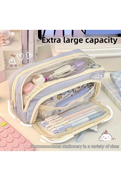 Kawaii Best Day Θήκη για στυλό μεγάλης χωρητικότητας με 3 θήκες, χαριτωμένη μπλε