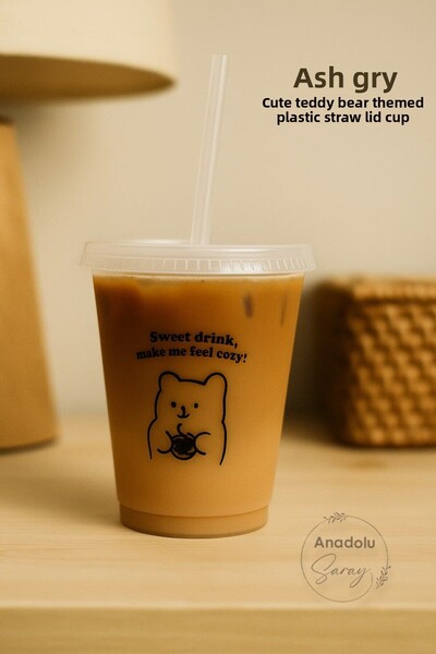 Anadolu Saray Cute Plastic Teddy Bear Themed Cup with Straw and Lid | Bpa Free | Coffee and Cold Drink Presentation