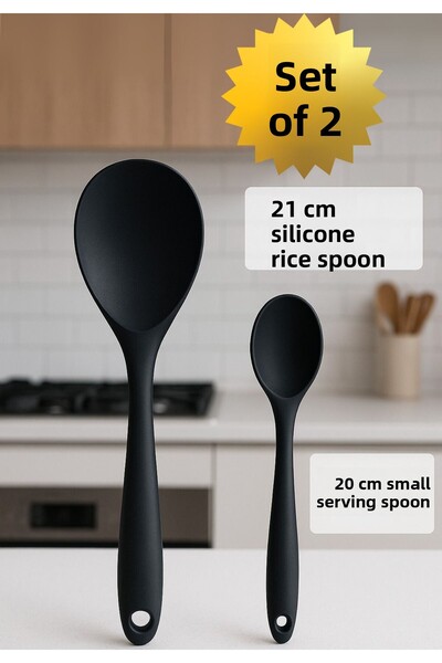 BRE HOME Set of 2 Black Silicone Spoons - 21 cm Rice Spoon + 20 cm Serving Spoon