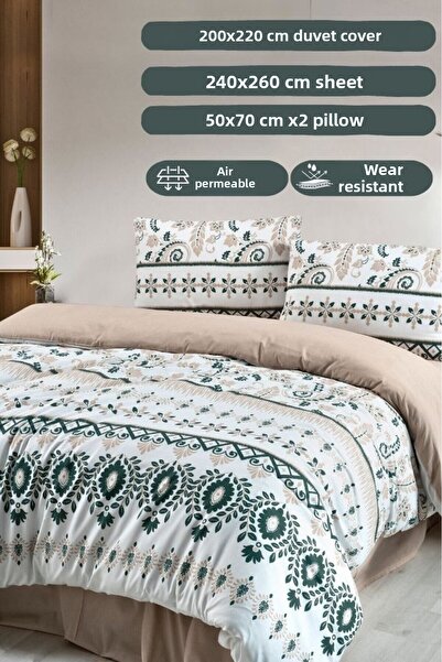 MODALİN Duvet Cover Set Double 4 Piece Green-White Elegance Fadeless Authentic Nostalgia Pattern 200X220