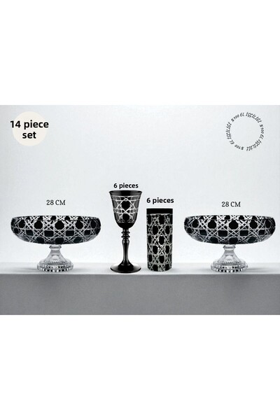 Akden Kristal Crystal Cutting Decor Hand Made 14 Pcs Bowl & Cup Set