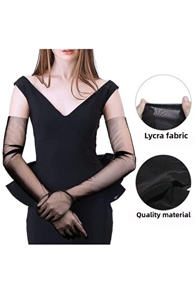 UZAY ONLİNE Long Length Lycra Black Adult Mega Tulle Gloves