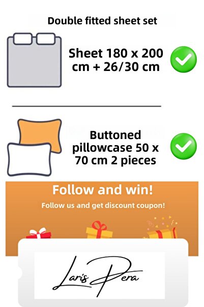 Larispera Double Fitted Sheet Set Cotton Yarn Dyed 180X200Cm Buttoned Pillowcase (50X70Cm2Pcs)