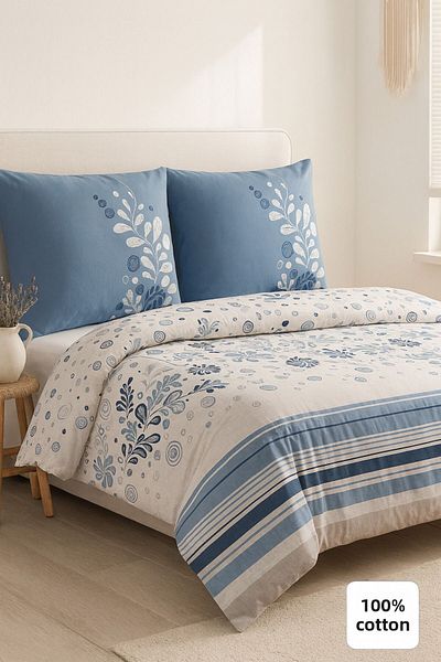 Evimcim 100% Cotton Ranforce Single Blue Patterned Duvet Cover Set (Gift Boxed)