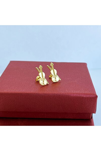 Lisen Jewelry 925 Ayar Gümüş Keman Küpe, Altın Kaplama Zarif Müzik Temalı Küpe