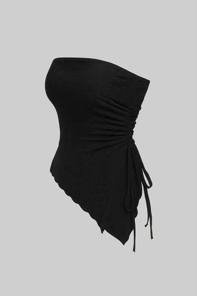 Marin Star Black Embroidery Pattern Asymmetrical Lycra Side Gathered Strapless, Summer Asymmetrical Side Gathered Black Blouse