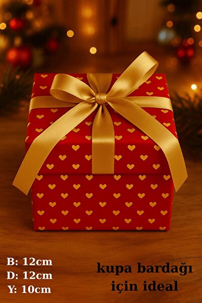 Emtory Kırmızı Gold Hediye Kutusu Kırmızı Kalpli Hediye Paketi - Yılbaşı Süsü- Kurdele Dahil 1ad
