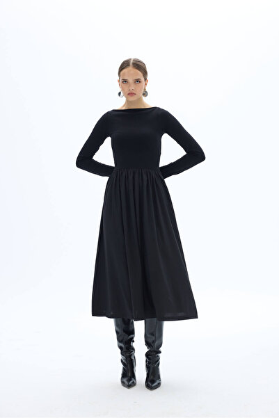 SevdeUgur Kadın Maxi Boy Esnek Örme Üstlü Poplin Etekli Şık Siyah Elbise / Sevde Ugur