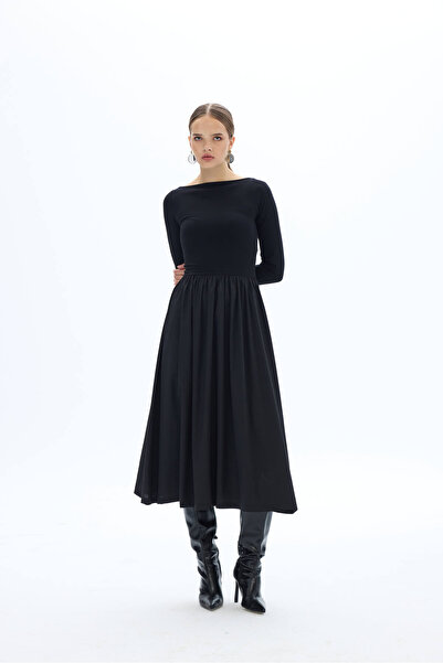 SevdeUgur Kadın Maxi Boy Esnek Örme Üstlü Poplin Etekli Şık Siyah Elbise / Sevde Ugur