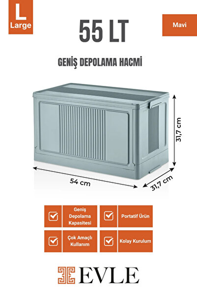 EVLE Çok Amaçlı Modüler Kasa, İstiflenebilir Organizer Düzenleyici 55 lt, 54 x 31,7 x 31,7 cm, Mavi