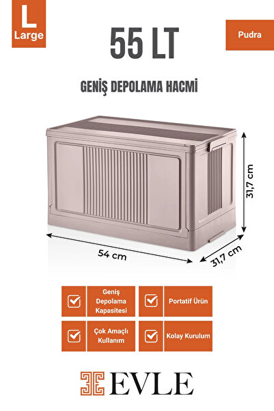 EVLE Çok Amaçlı Modüler Kasa, İstiflenebilir Organizer Düzenleyici 55 lt, 54 x 31,7 x 31,7 cm, Pudra