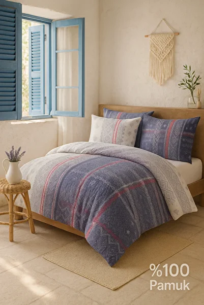 Evimcim 100% Cotton Single Quilted Duvet Cover Set Blue Patterned Luxury Box