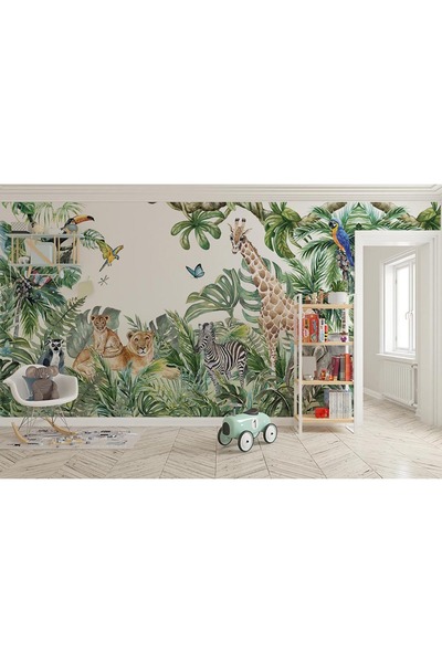 Özen Duvar Kağıtları Safari Çocuk Odası Duvar Kağıdı - Tropikal safari hayvan...