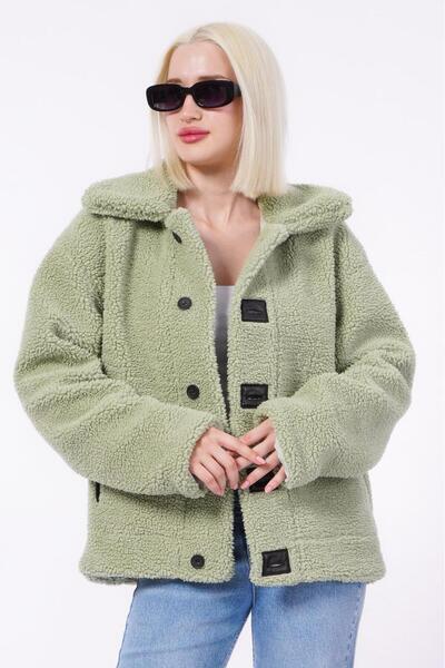 Madmext Green Leather Detailed Women's Plush Coat Mg2485