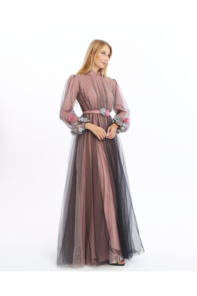 Asees Balloon Sleeve Tulle Flower Embroidered Evening Dress with Belt