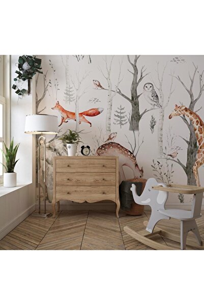 Özel Duvarlar Çocuk Odası Duvar Kağıdı Ormanda Fil Zürafa Tilki Kuş