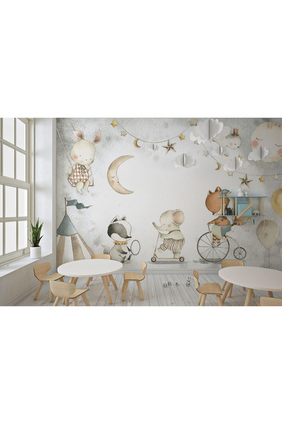 Özel Duvarlar Çocuk Odası Suluboya Tarz Sevimli Hayvanlar Duvar Kağıdı