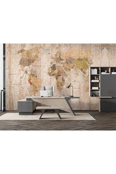 Özen Duvar Kağıtları Detaylı Eskitme Tarz Dünya Haritası Duvar Kağıdı
