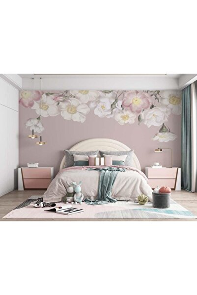 Özen Duvar Kağıtları Pembe Beyaz Çiçekler Duvar Kağıdı