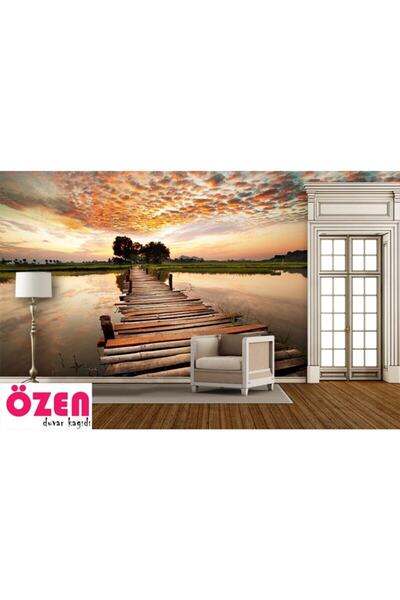 Özen Duvar Kağıtları 3 Boyutlu Gün Batımı Ahşap Yol Duvar Kağıdı
