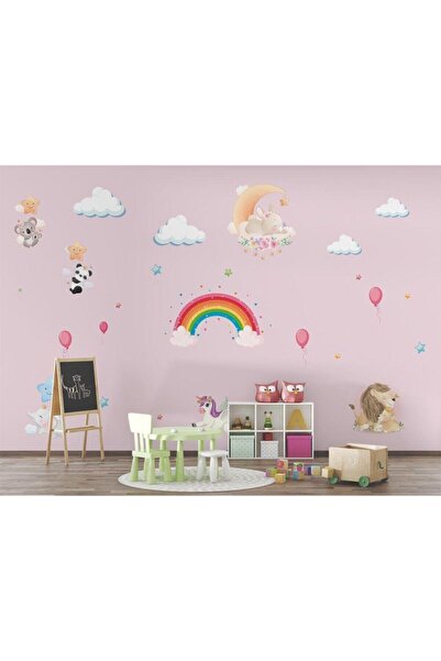 Genel Markalar Pembe Zemin Unicorn Kız Çocuk Odası Duvar Kağıdı