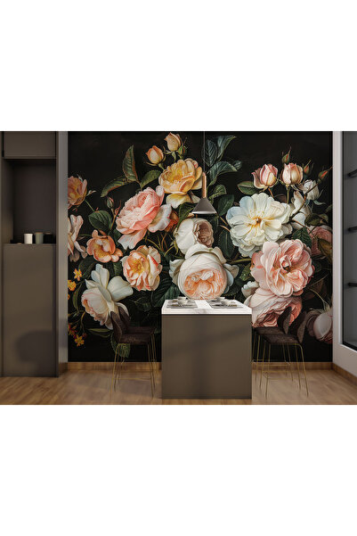 Özel Duvarlar Siyah Zemin Üzerinde Renkli Eskitme Çiçekler Duvar Kağıdı