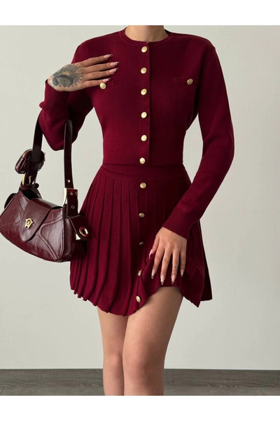 Lusin Claret Red Knitwear Ζακέτα και Φούστα - Λεπτομέρεια με κουμπιά, S/M