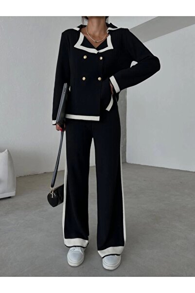 Lusin Women's Gold Button Detailed Cardigan and Palazzo Trousers Top and Bottom Knitwear Set