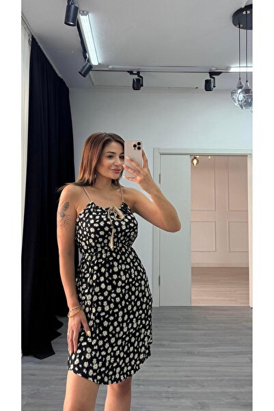 Daves Daisy Patterned Short Viscose Dress-Midi Length Patterned Lace-Up Elegant