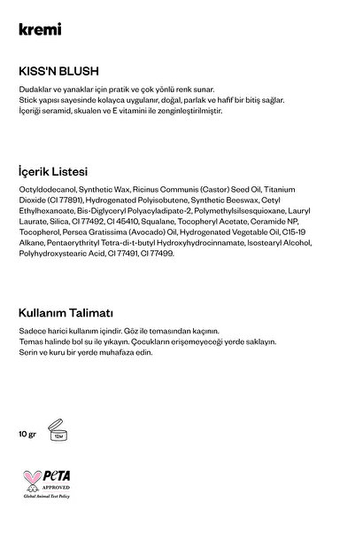 Kremi Allık Ruj Göz Farı Kiss&Blush | Nemlendirici Makyaj Makeup | Stick | Seramid Skualen Vitamin E