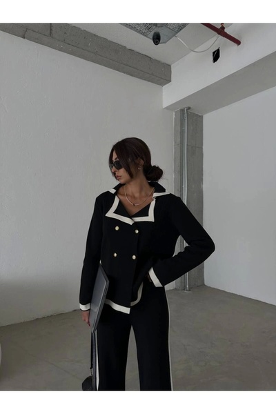 Lusin Women's Gold Button Detailed Cardigan and Palazzo Trousers Top and Bottom Knitwear Set