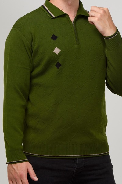 Kamalı Khaki Men's Polo Collar Zippered Intarsia Gofra Patterned Non-Pilling Knitwear Sweater