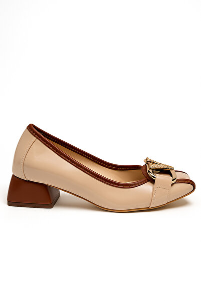 İmerShoes Tan Beige Patent Leather Loafers - Women's Blunt Toe Shoes with V Buckle and Stitching Detail 6001