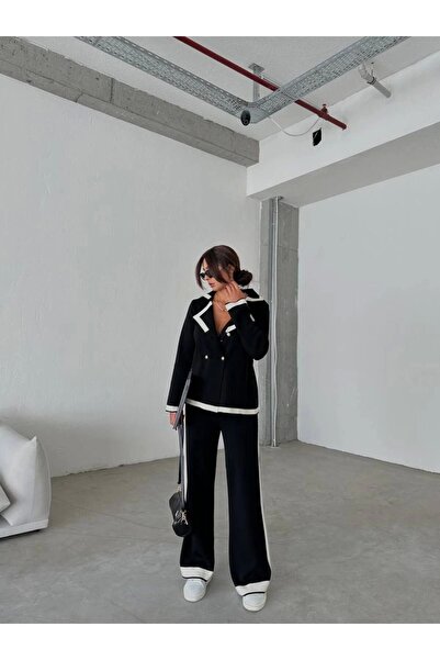 Lusin Women's Gold Button Detailed Cardigan and Palazzo Trousers Top and Bottom Knitwear Set