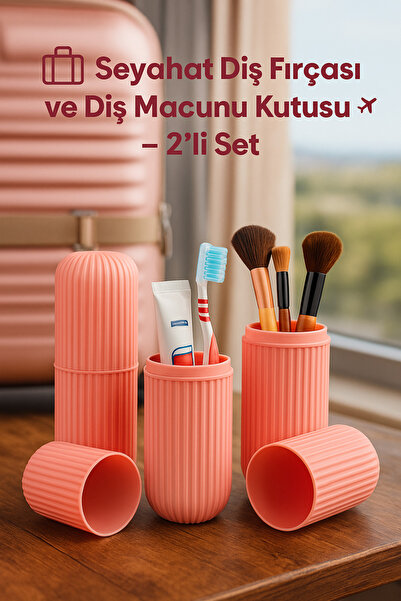 İBOVİA (2 Adet) Seyahat Pratik Diş Macunu ve Fırçası Kabı – Pembe Renk