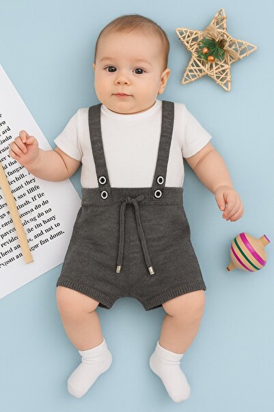 Füme Rengi Önden Düğmeli,bağcıklı,mevsimlik Askılı Ayarlanabilir Unisex Bebek Triko Salopet Şort