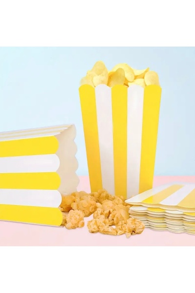 Deniz Party Store علبة رقائق الذرة الفشار كرتون أصفر وأبيض مخططة 8 قطع