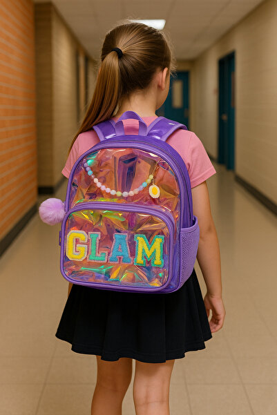 TOYFEST Rucsac de școală cu broderie vestă violet transparentă