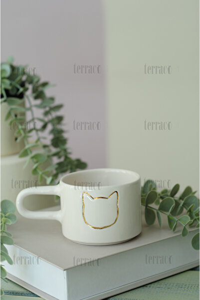 terraco ceramic Gold Detailed Handmade Ceramic Mug Double Sided Cat Pattern