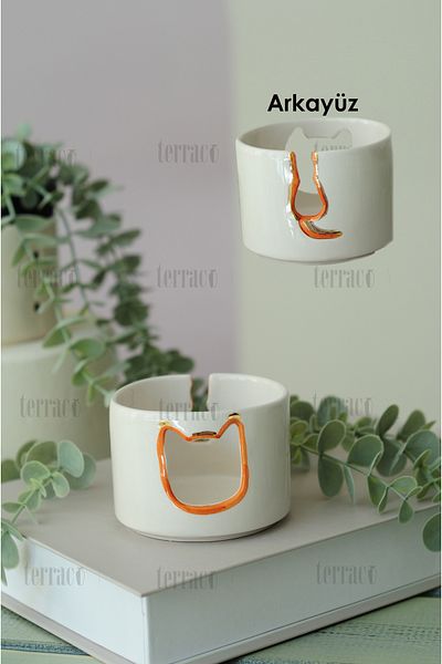 terraco ceramic Handmade Ceramic Ashtray with Cat Pattern and Gold Detail