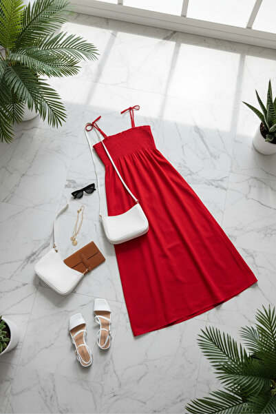 oshebu Red – Cotton Long Summer Women's Dress – Off-The-Shoulder Strapless Gathered Unlined