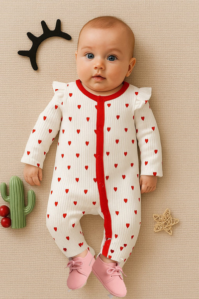 bebekpare Baby Girl Jumpsuit Heart Patterned Cotton Jumpsuit