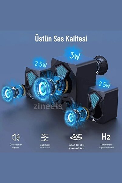 Zineets Bilgisayar Hoparlörü Rgb Led Işıklı Gaming Oyuncu Hoparlörü 3.5mm Jack Usb Speaker 2 1 Ses Sistemi