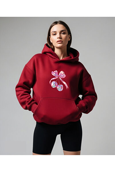 Vooya Fashion سويت شيرت بقلنسوة أحمر كبير الحجم مطبوع عليه فيونكة كرز