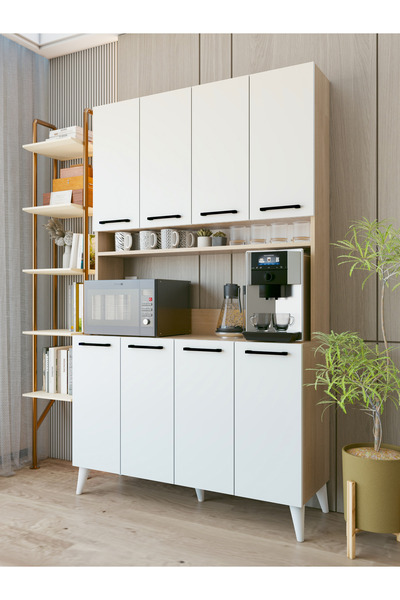 MONTENERO Çok Amaçlı Dolap Parlak Beyaz Marbella Kahve Köşesi 8 Kapaklı Dolap