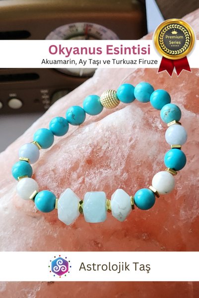 Astrolojik Doğal Taş Ocean Breeze Natural Stone Bracelet - Certified - Aquamarine & Moonstone
